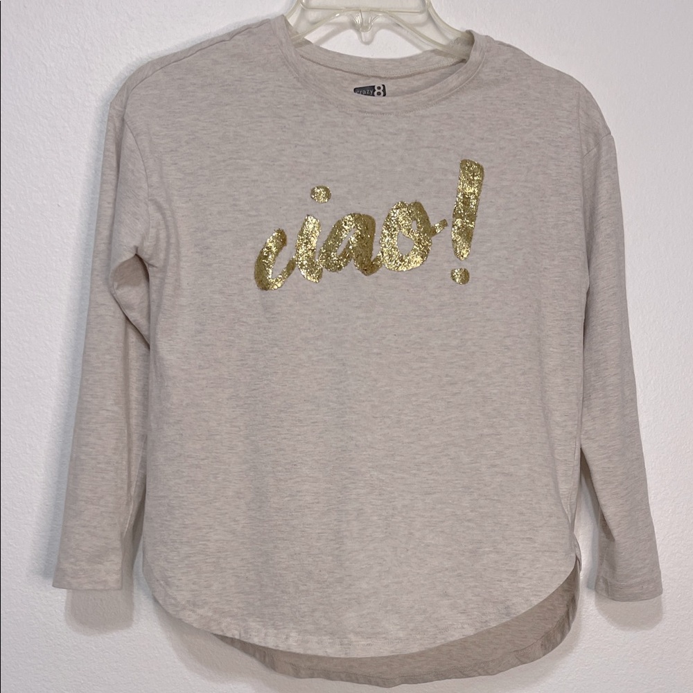 Crazy 8 Beige Long Sleeve Tee with Gold Ciao Print Size L (10/12) EUC